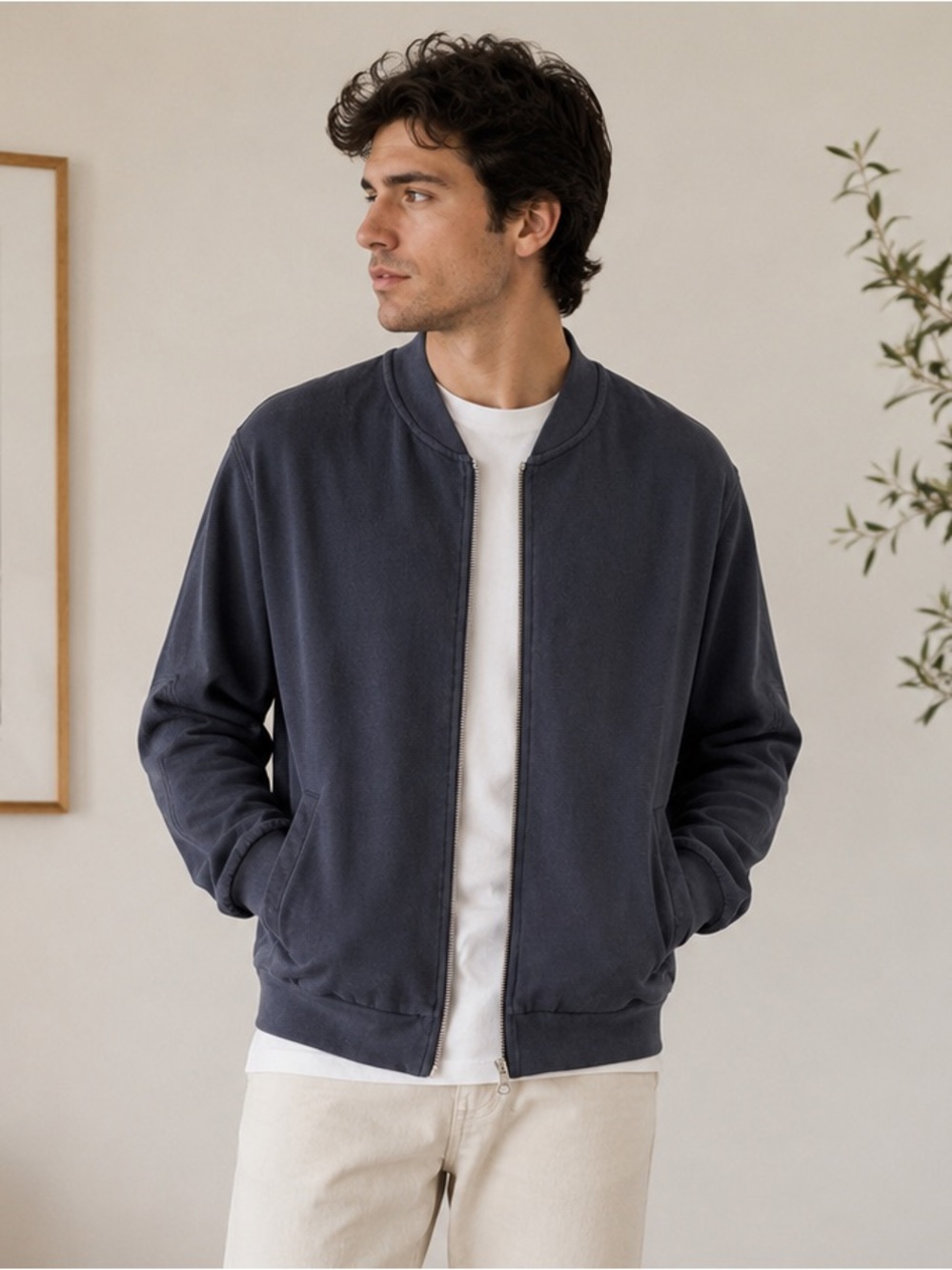 Frank And Oak Organic Cotton Bomber Sweat Jacket Navy Men L Minimalist Casual